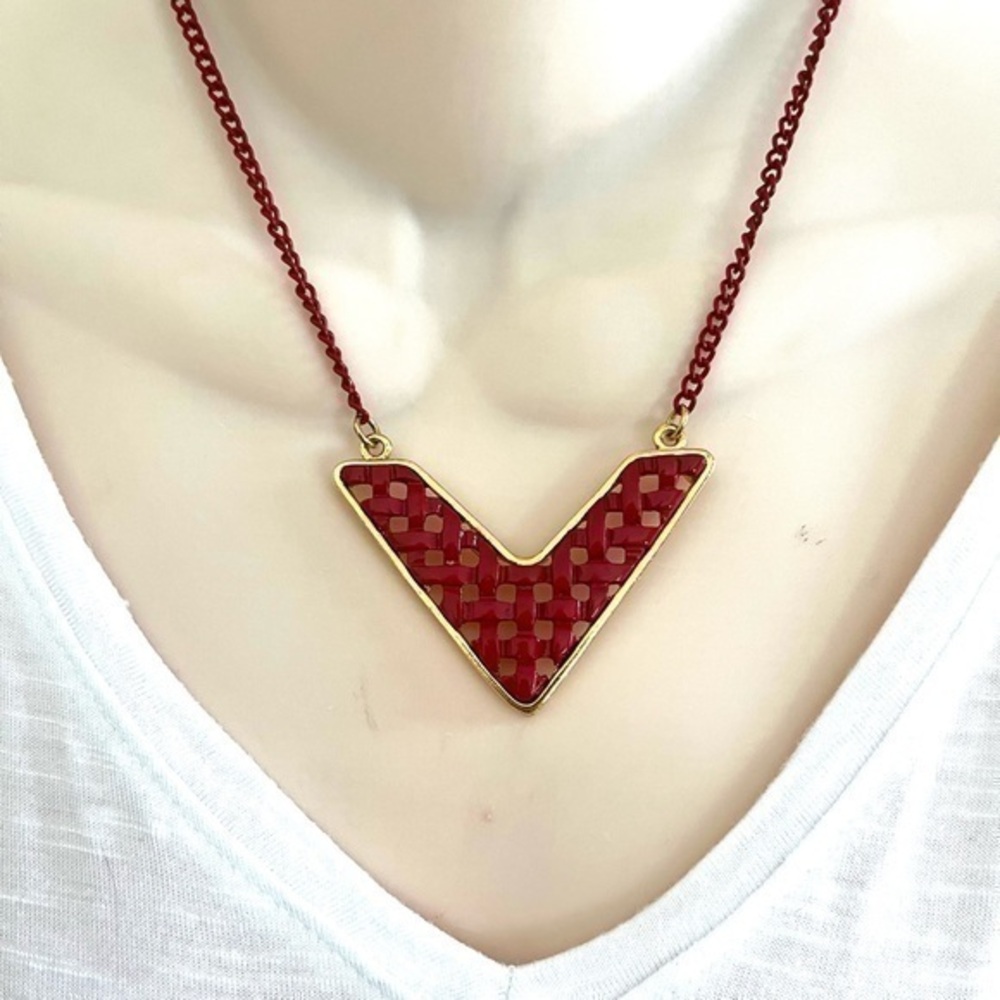 Vintage Red V triangular Necklace Gold tone, Arrow, Triangle, Retro, Disco, Mod